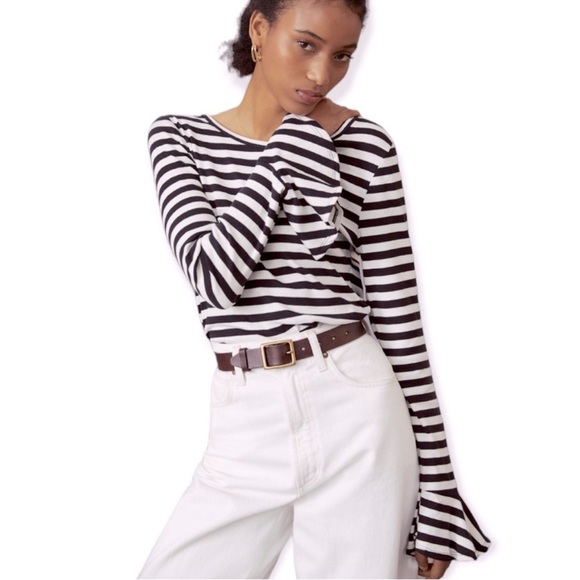 Anthropologie Tops - Anthropologie Maeve Flouncy Striped Top Women’s Size M Bell Sleeves Scoop Neck